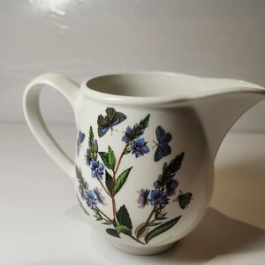 Portmeirion White Ceramic Pitcher with Blue Floral and Butterfly Design Creamer